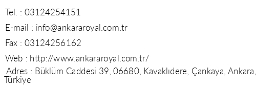 Ankara Royal Hotel telefon numaralar, faks, e-mail, posta adresi ve iletiim bilgileri